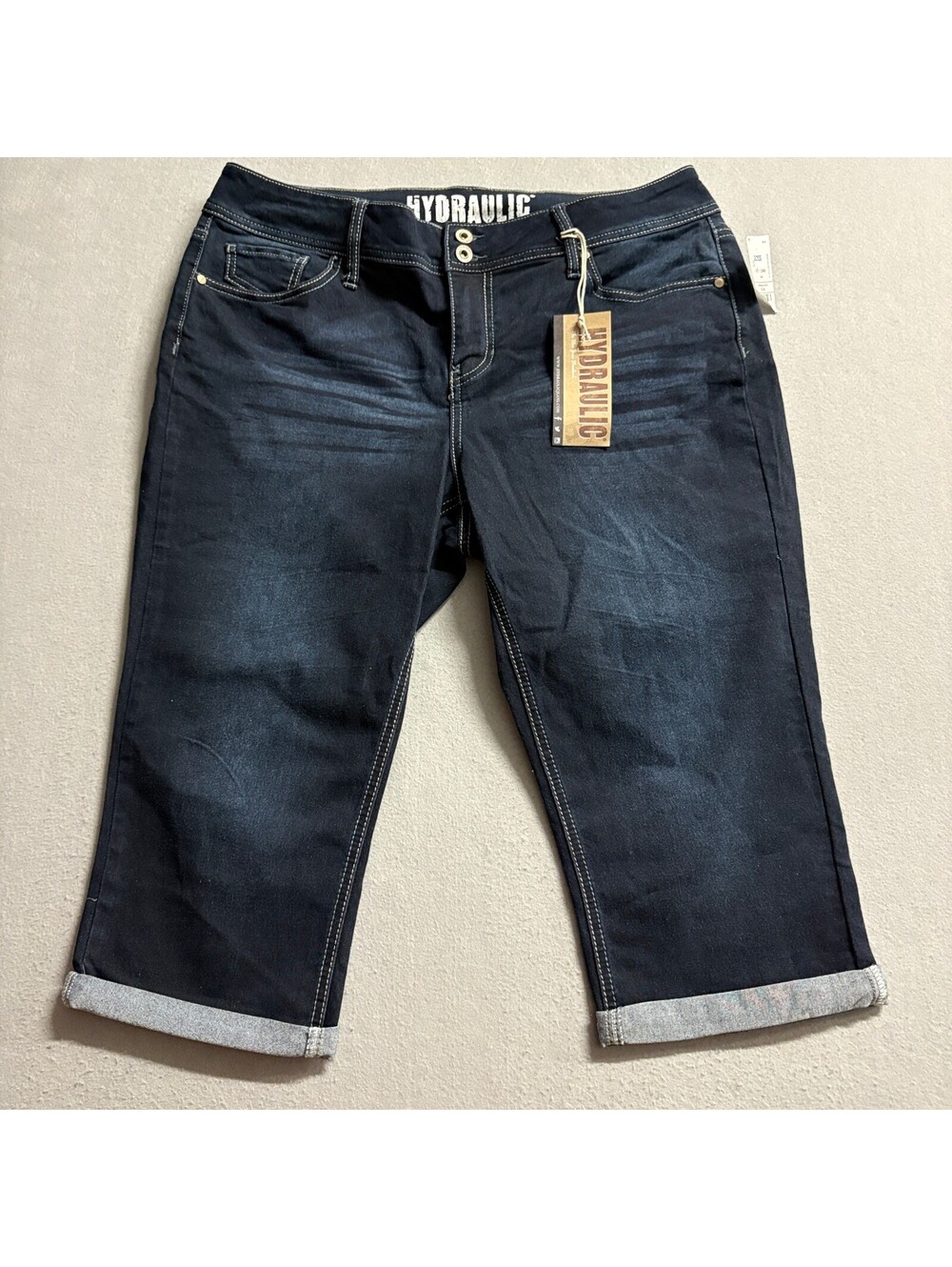 Hydraulic Denim Bermuda Shorts Womens 20W Dark Wash Cuffed Stretch Capris NWT